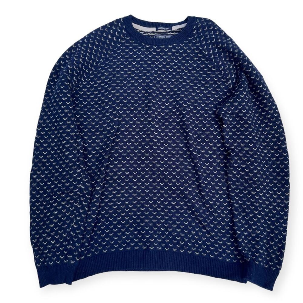 American Eagle Navy Knit Men’s Crewneck Sweater Blue White Pullover Sz Large - Picture 2 of 8